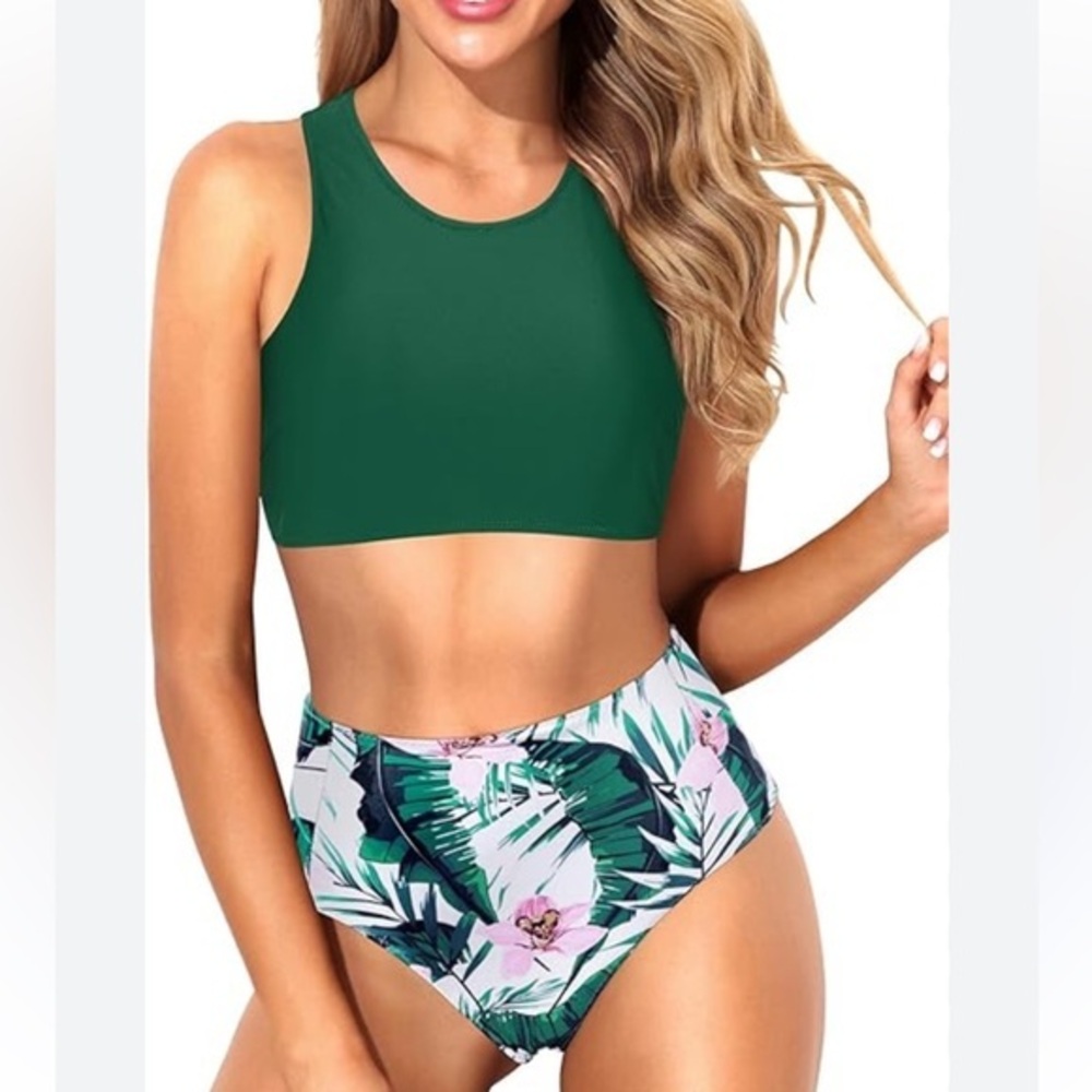 NWT TEMPT ME S 2 piece tropical retro style  swimsuit w tankini and high waist